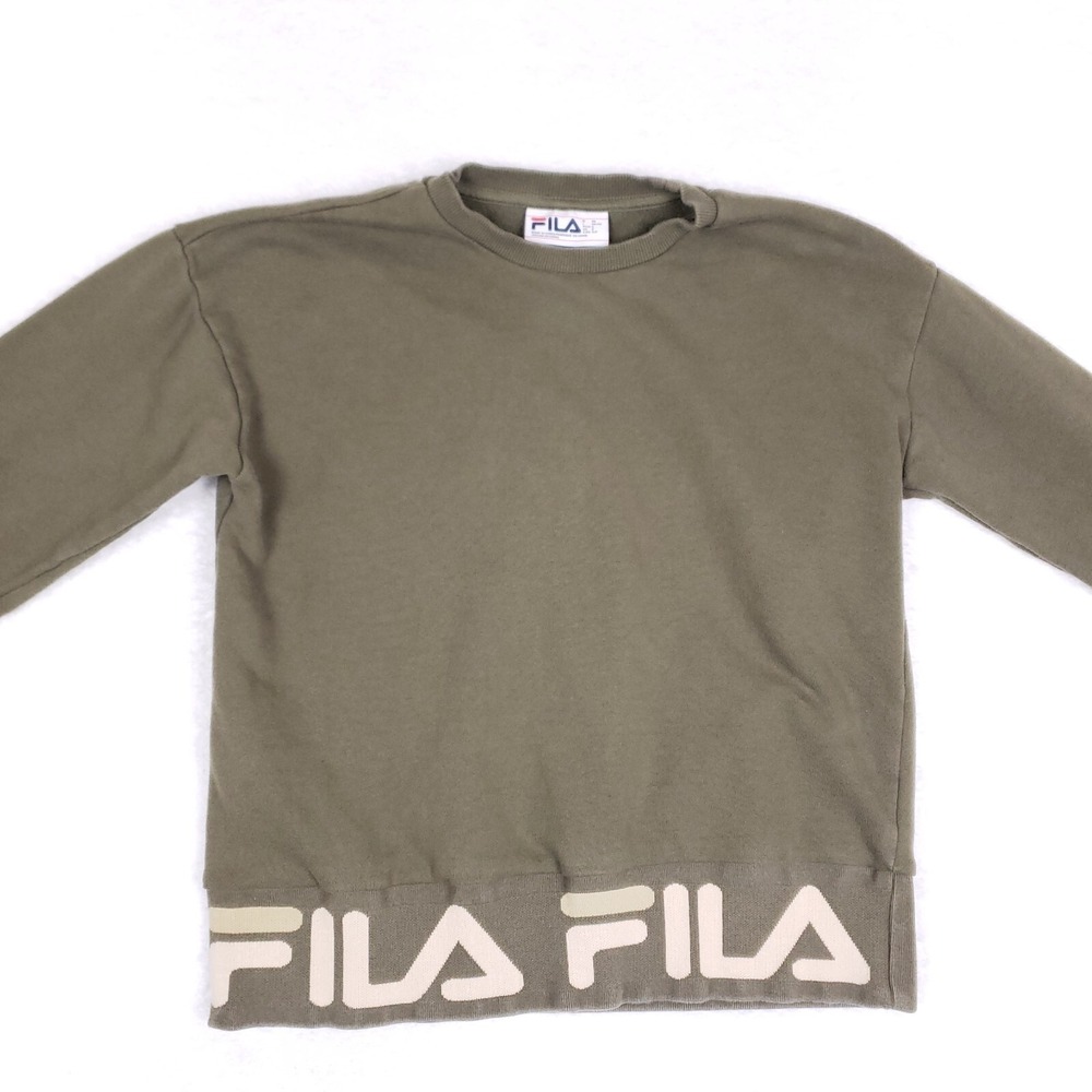 Fila Sweatshirt Crewneck Logo Hem Size S Olive Green Streetwear Pullover